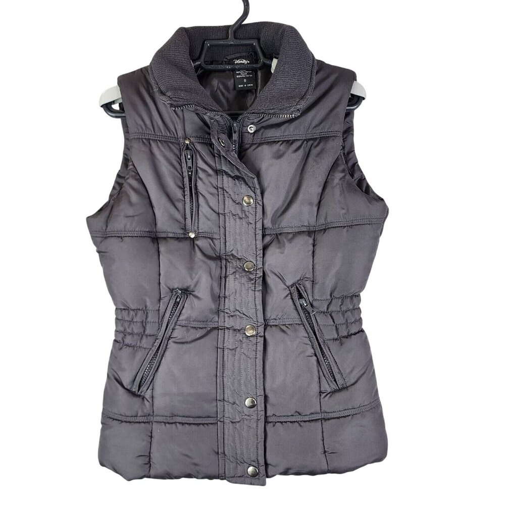 Womens Vanity Black Full Zip & Button Puffer Vest Jacket Polyester Size S